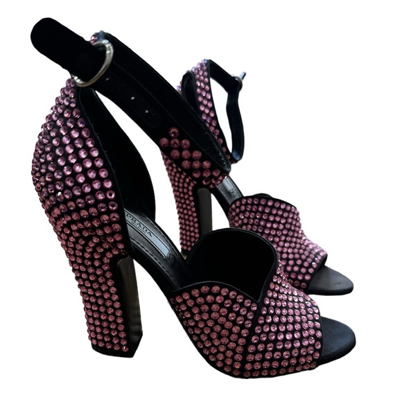 Prada Pink Crystal embellished satin ankle strap heels Sz. 37.5 - Picture 1 of 12
